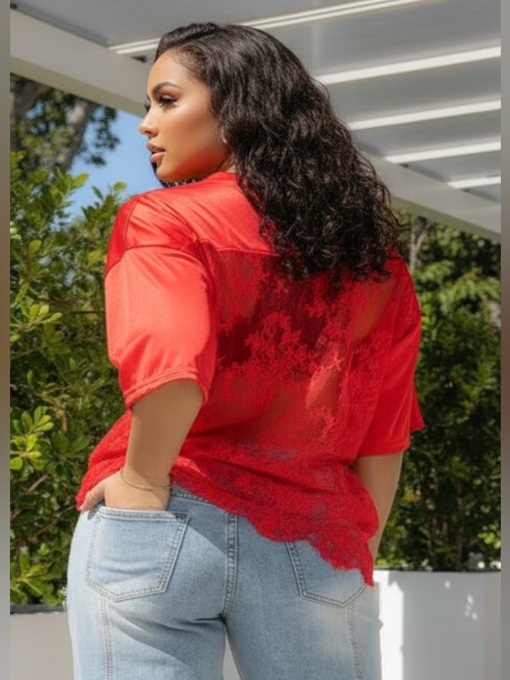 Red Rhinestone Jersey Top - Picture 3 of 10